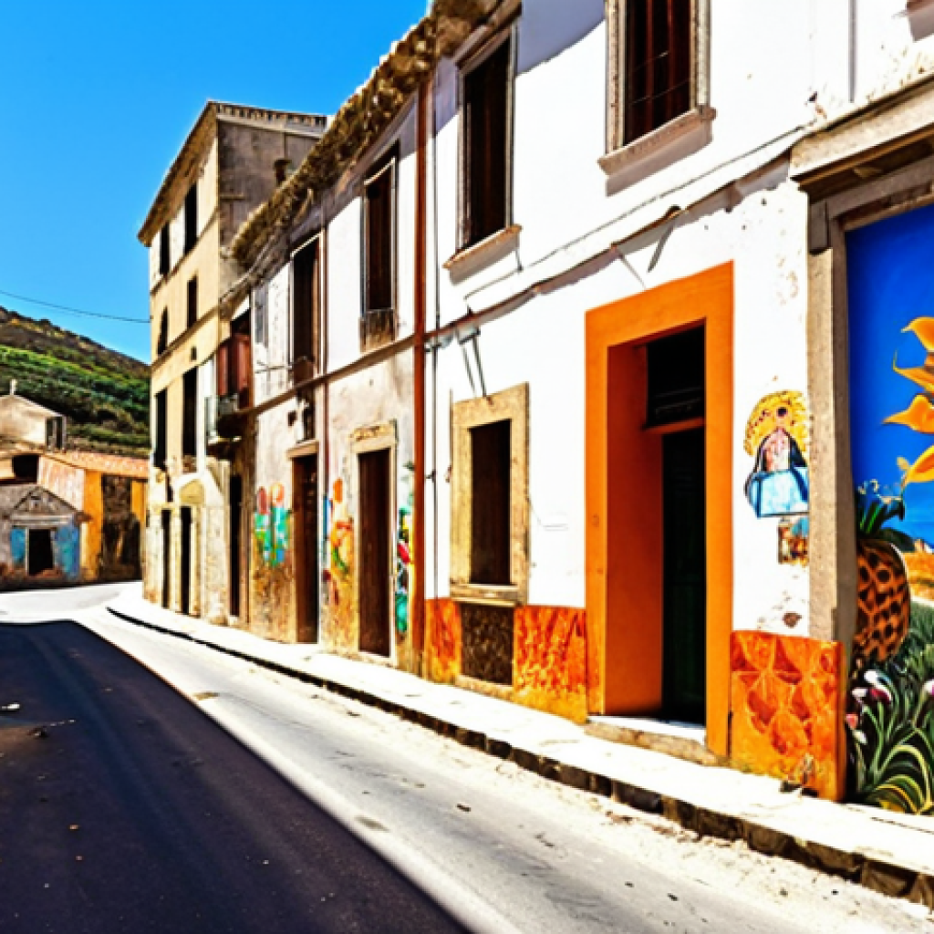 **A vibrant, sun-drenched street in Favara, Sicily, featuring the colorful and eclectic murals of the Farm Cultural Park. Capture the feeling of urban revitalization and the unique blend of art and abandoned buildings.**
