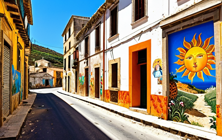 **A vibrant, sun-drenched street in Favara, Sicily, featuring the colorful and eclectic murals of the Farm Cultural Park. Capture the feeling of urban revitalization and the unique blend of art and abandoned buildings.**