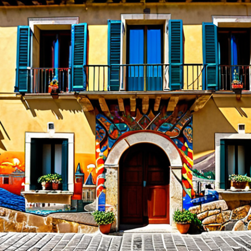 An artistic mural painted on the sun-drenched stone wall of a picturesque Italian borgo building. The mural is an explosion of vibrant, rich colors, depicting local traditions and historical narratives, seamlessly integrated into the authentic architecture of the village. Narrow, clean cobblestone streets lead the eye through charming alleyways. The scene conveys a sense of cultural revival and beauty. Professional photography, high resolution, detailed, vivid colors, safe for work, appropriate content, fully clothed, family-friendly, perfect anatomy, correct proportions.