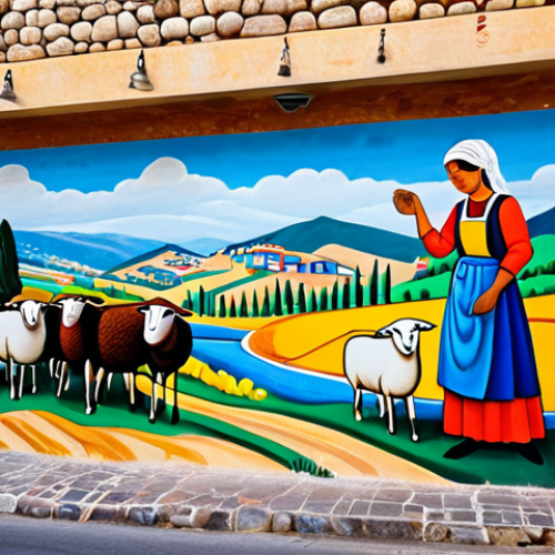 **

"A vibrant mural on a stone wall in Orgosolo, Sardinia. The mural depicts scenes of traditional Sardinian pastoral life: shepherds tending sheep, a woman baking bread, and a village gathering.  The colors are bright and bold.  Fully clothed figures in modest traditional attire. Safe for work, appropriate content, family-friendly. Perfect anatomy, correct proportions, natural pose, well-formed hands, proper finger count, natural body proportions, professional photography, high quality."

**