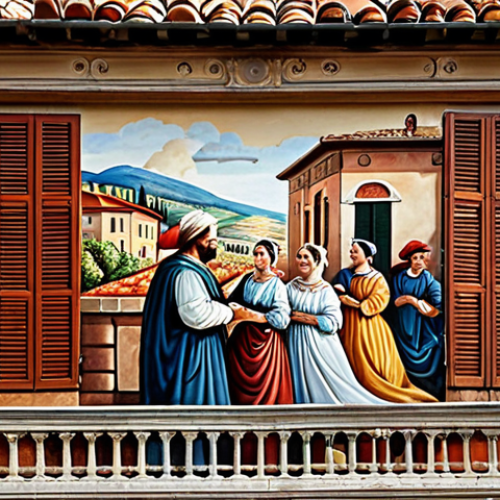 **

"A vibrant mural depicting a scene from a classic Italian opera, painted on the side of a traditional Tuscan building with terracotta roof tiles, fully clothed people are in the scene, appropriate attire, safe for work, perfect anatomy, natural proportions, professional quality, street art style, family-friendly."

**